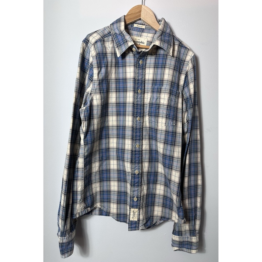 Abercrombie Fitch Shirt Men's Med Blue Button Muscle Plaid Long Sleeve Preppy M